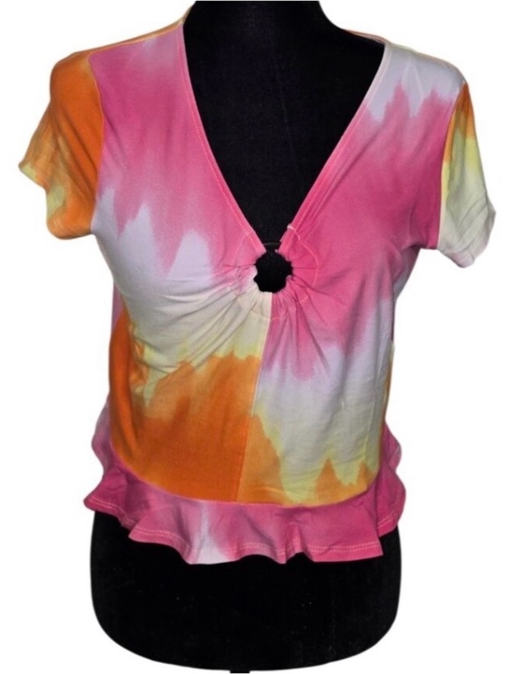 Love By Design Pink Orange Yellow Tie-Dye V‑Neck Ring Crop Top